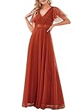 Ever-Pretty Womens Short Ruffle Sleeve Pleated Tulle Long Evening Party Dresses Burnt Orange US4