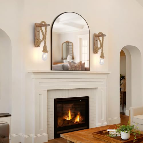 Image of KEESFU Wall Sconce Set of 2, Farmhouse Wood & Hemp Rope Wall Mount Light Fixture, Rustic Light Fixtures for Bedroom Entryway Hallway Living Room.
