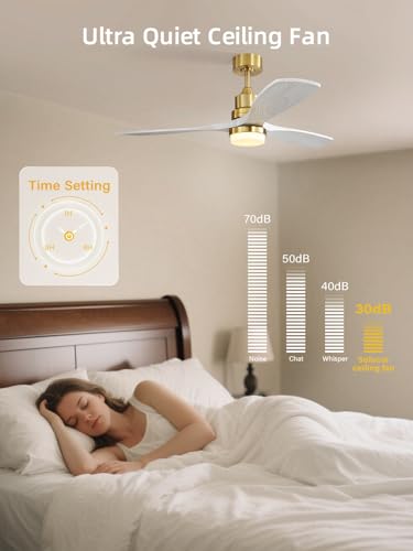 Image of Sofucor 52 Inch Wood Ceiling Fans with Lights and Remote, Indoor /Outdoor | Modern, 3 Blade, Quiet Reversible DC Motor, 3CCT Dimmable, 6 Speeds, Timer, Bedroom /Living Room /Patio /Kitchen, Gold+Grey