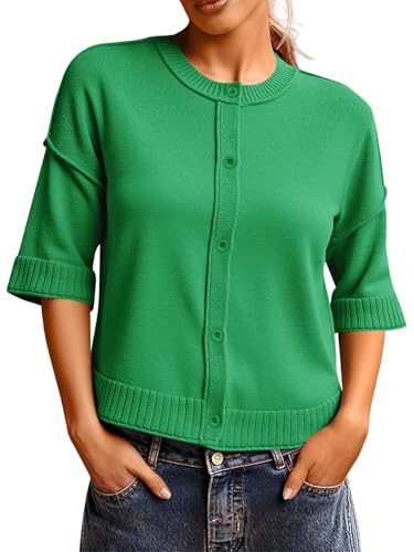 Saodimallsu Womens 3/4 Sleeve Cardigan Sweaters Button Down Crewneck Knit Cropped Tops Casual Fall Outerwear