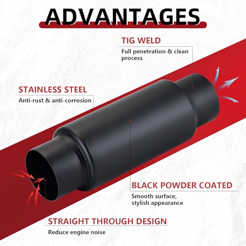 Image of LCGP 3 inch Inlet Universal Resonator Muffler, 3 inch Outlet 12 inch Overall Length Stainless Steel High Performance Muffler, Polished, Pass-Thru Design Black