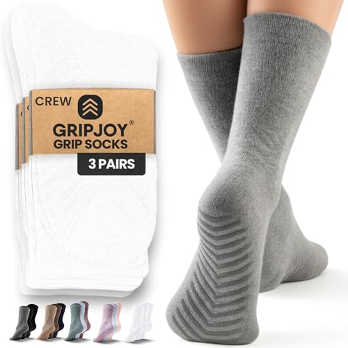 Image of Gripjoy Grip Socks for Women, Grippy, Non Slip, Gripper Socks for Women & Men, Pilates, Yoga, Hospital, 3 Pairs, Crew