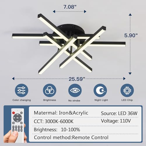 Plafonnier LED Sputnik 36W noir dimmable avec télécommande pour salon