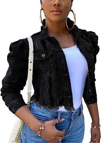 QLXYYFC Women's Ripped Puff Sleeve Denim Crop Top Long-Sleeve Cropped Jean Jacket (Color : Black, Size : XXL)