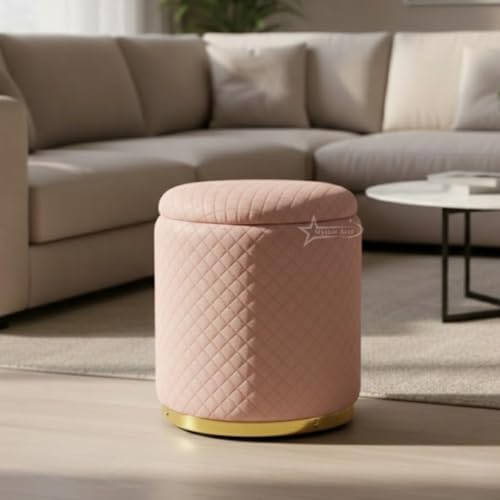 Image of Premium Round Storage Ottoman Stool 16 X 16X 19 inch, with Gold Metal Base | Luxury Pouffe with Hidden Storage | Cushioned Footrest for Living Room, Bedroom & Lounge Pink