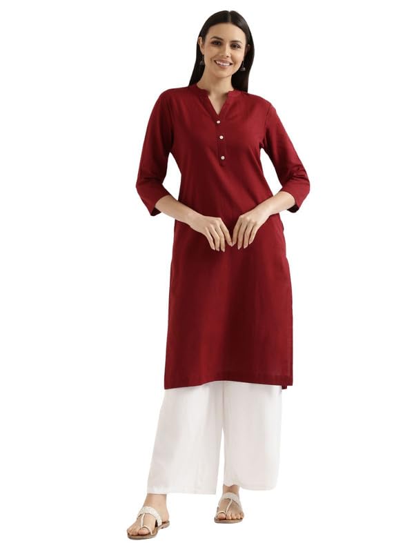 Image of SAADAA Women's Linen Blend Long Kurta with Viscose Palazzo Set | Straight Fit Kurta with Wide Leg Palazzo | Solid Ethnic Co-ord Set for Office & Casual Wear