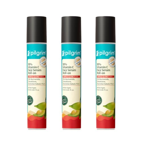 Image of Pilgrim 10% Vitamin C Face Serum Roll-On for Glowing Skin with Niacinamide & Glutathione, Kakadu Plum | Reduces Dark Spots, Brightening Serum for Even Skin Tone | For All Skin Type - 25ml (Pack of 3)