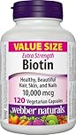 Webber Naturals Biotin Extra Strength, 10,000 mcg of Biotin Per Capsule, 120 Capsules, Supports Healthy Hair, Skin & Nails, Vegan