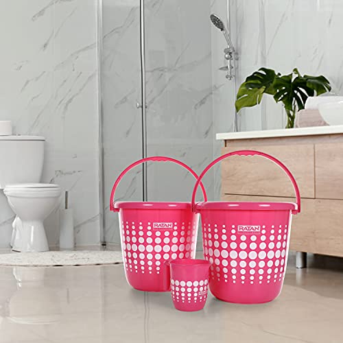 Image of Ratan Plastics 3 Pieces Bathroom Set 2 Super Saver Bucket 16L + 1 Super Saver Mug 1000ml Polka Dots - Pink, Standard (ECCPL980067-001)