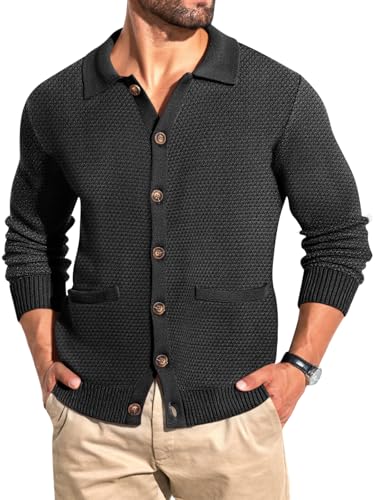 Runcati Mens Cardigan Sweater Casual Knitted Button Down Collared Cardigan Fall Winter Warm Polo Sweaters with Pockets