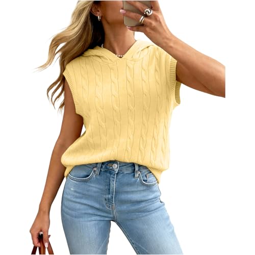 Truwelby Womens Sweater Vest Sleeveless Cable Hoodies Casual Knit Sweater Lightweight Pullover 2026 Summer Hooded Tank Tops (Yellow M)