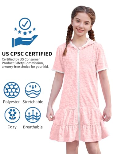 Image of BesserBay Girls Summer Beach Quick Dry Cover Up Ruffle Hem Terry Smocked Hooded 4-14 Years with Pockets