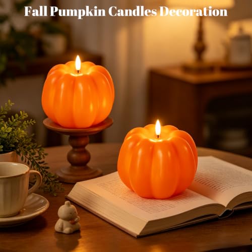 Image of Wondise Orange Fall Decorations Real Wax Pumpkin Candles with Remote Timer | Battery Operated Fall Candles Fall Decor for Thanksgiving Gifts, Autumn Farmhouse Harvest Decor for Home Decoration