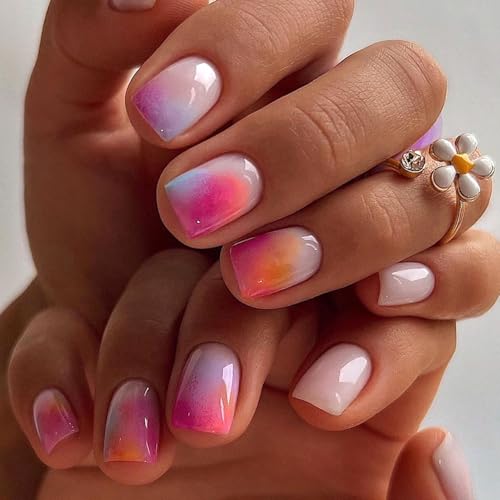 24 Pcs Press on Nails Short Acrylic Nails Colorful Full Cover Nails Press ons Square False Nails Ombre & Smudge Artificial Nails Reusable Stick on Nails for Women