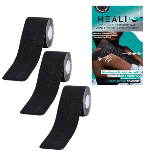 Image of Heali Kinesiology Tape with Magnesium and Menthol, 3 Pack, Each w / 20 Precut Strips, K Tape Roll, Knees, Physical Therapy Sports Tape for Knees, Joints & Muscles, Water Resistant, Black Inspo