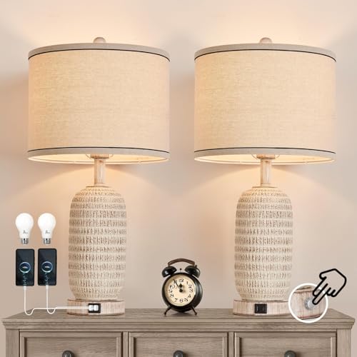 AIDENOEY Set of 2 Table Lamps with USB-A+C Ports,25.5" Farmhouse Table Lamp with Touch Control,3-Way Dimmable Bedside Lamp with Fabric Shade for Living Room,Bedroom,Home,Office(2 Bulbs Inclu