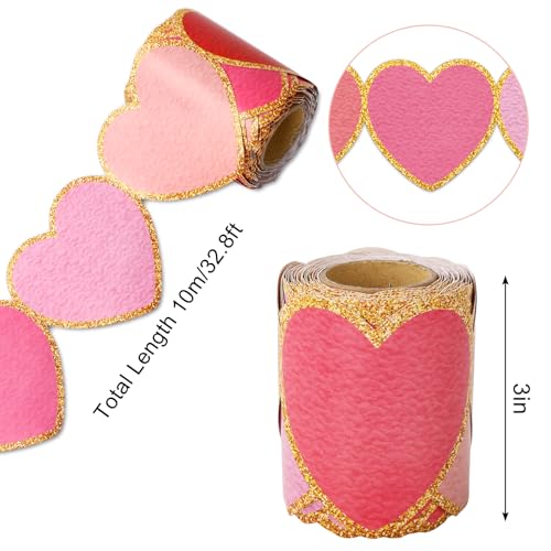 Image of Whaline 32.8 Ft Valentine's Day Bulletin Board Borders Red Pink Heart Shaped Die-Cut Border Trim with Gold Edge for Valentine's Day Anniversary Chalkboard Decoration