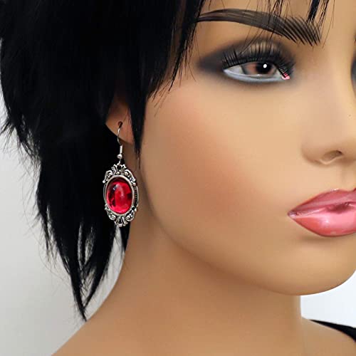 Gothic Blood Red Cabochon Dangle Earrings In Silver Finish Pewter Frame2