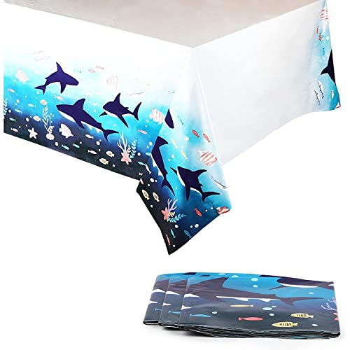 Image of BLUE PANDA Shark Table Cloth - 54 x 108 in, 3-Pack, Plastic - Disposable Table Cover for Shark Party & Birthday Decorations - Ocean Tablecloth for Under the Sea Decor