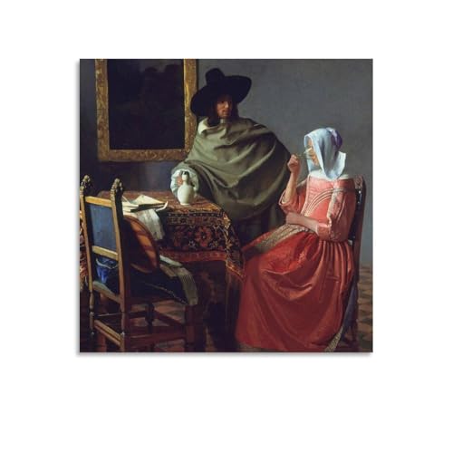 Impression sur toile Johannes Vermeer : Une femme buvant et un gentleman, cadre 40x40 cm