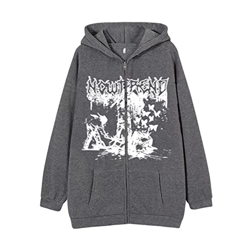 Damen Teens Aesthetic Grunge Y2K Oversized Zip Up Hoodie Goth Grafik Skelett Schmetterling Sweatshirt Jacke mit Kängurutasche, Ein dunkelgraues Weiß, 42 Cover