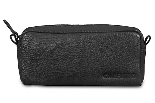 Image of Calfnero Genuine Leather Toiletry Bag for Men & Women | Premium Leather Travel-Pouch | Toiletry Organizer | Cosmetic & Shaving Kit Bag | Unisex Travel Dopp Kit (Black)