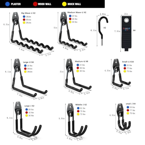 Image of 3-H Heavy Duty Garage Hooks, 46 Pack Wall Storage Organizer,Black
