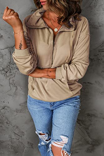 Image of PRETTYGARDEN Women's Casual Long Sleeve Zipper Sweatshirt Drawstring Loose Quarter Zip Pullover Tops with Pockets