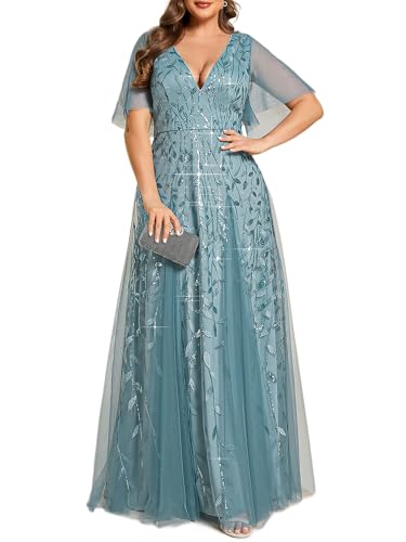 Image of Ever-Pretty Women's Sequin V Neck Plus Size Formal Dresses Evening Gown | Short Sleeve, A-Line, Empire Waist, Plus Size Mother of the Bride Dresses, Plus Size Gala Dress