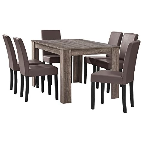 Table à Manger en chêne Ancien avec 6 chaises Marron Cuir-synthétique rembourré 140x90 Cover