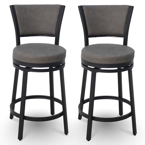 FLYZC Counter Height Bar Stools Set of 2, 25 Inch Metal Swivel Barstools with Backrest, Modern Faux Leather Upholstered Bar Chairs, Counter Height Stools for Kitchen Island, Grey