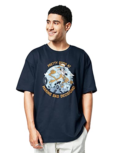 Image of The Souled Store Men Official Looney Tunes: Wile E.Coyote x Bad Decisions Navy Blue Printed Oversized T-Shirts