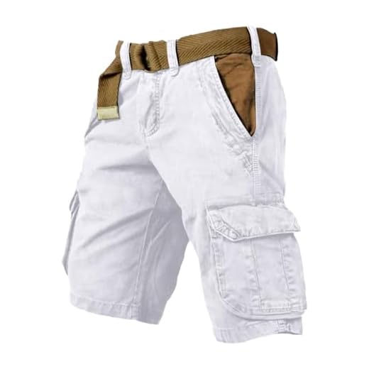 Pantacourt Homme, Shorts Et Bermudas Bermuda Short Cargo Homme De Travail Militaire Vetement Coton Grande Taille Ceinture Elastique Pantalon Court avec Multi-Poches Sport Randonnée Eté Blanc, S