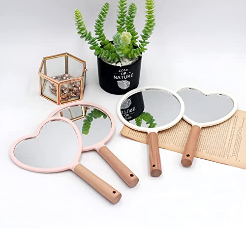 Image of Heart‑Shape Wood‑Handle Handheld Mirror - 25 x 13 cm Travel Makeup Mirror with Hanging Hole (Colour May Vary) (1, Heart)