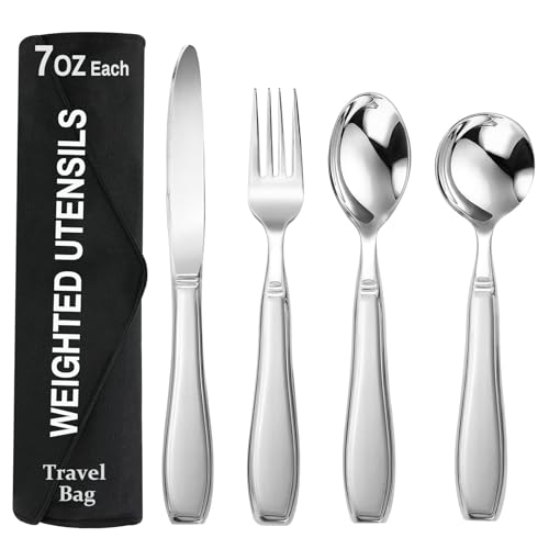 Comparison: Best Weighted Silverware For Tremors 6 Weighted Utensils for Hand Tremors and Parkinson's Patients - 4 Piece Set of Heavy Stainless Steel Silverware for Elderly, Arthritis, Weak Hand Grip - Includes Knife,Fork,Spoons with Travel Bag,7 Oz