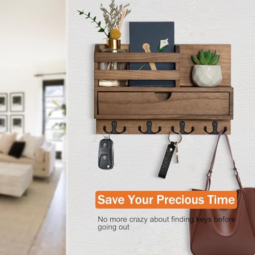 Irayin Schlüsselbrett Holz mit Ablage, Schlüsselhalter Holz mit 4 Doppel Schlüsselhaken und Aufbewahrungsschublade, Wand Schlüsselboard für Eingangsbereich, Flur, Wohnzimmer, Büro - Braun