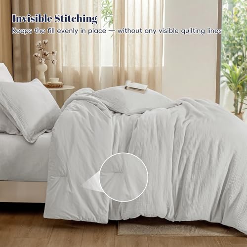 Image of PHF Cotton Muslin Comforter Set Queen - 100% Cotton Cover, Ultra Soft & Breathable, 3PCS Lightweight All-Season Bedding with Polyester Fill, 1 Comforter 90 inchx90 inch & 2 Pillow Shams 20 inchx26 inch, Light Grey