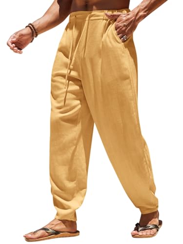 Runcati Mens Casual Pants Elastic Waist Linen Drawstring Lightweight Loose Fit Summer Beach Yoga Trousers