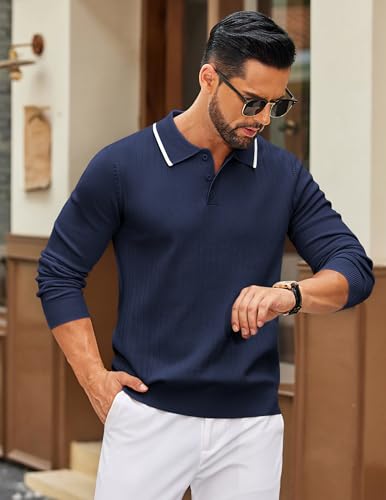 COOFANDY Men's Knit Polo Sweater Casual Long Sleeve Polo Sweater Lightweight Button Down Golf Pullover Sweaters3