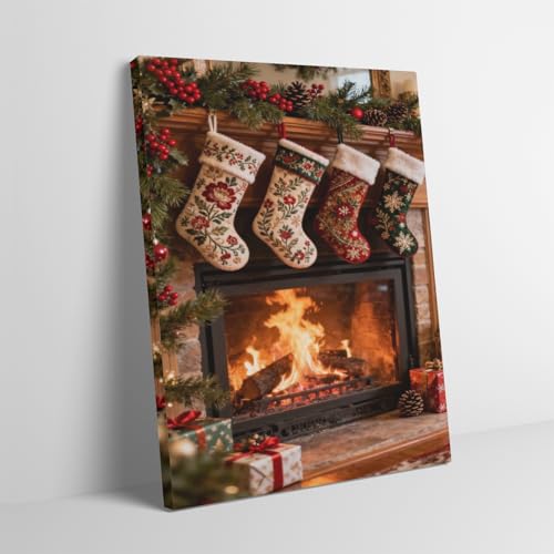 DESHBNA Cozy Christmas stockings by the fireplace Canvas Prints for