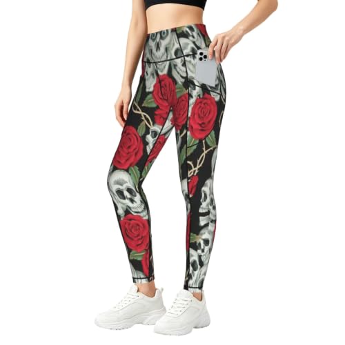 Pantalones de yoga holgados con estampado gótico de calavera y rosa, leggings holgados