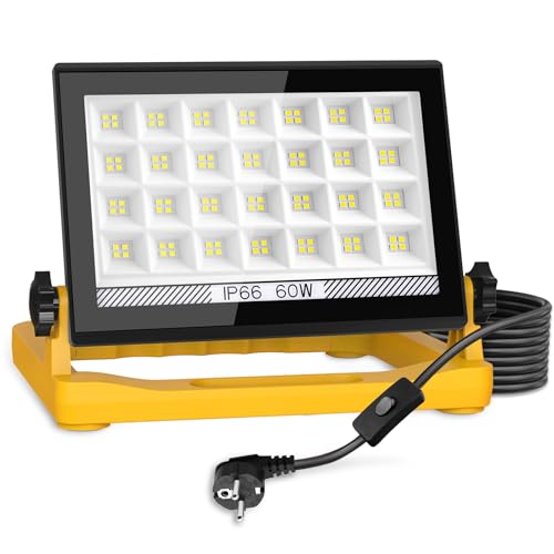CORESLUX Foco LED de Trabajo, 60W Lámpara de Trabajo LED con 3 Modos de Brillo, Luz de Trabajo con Enchufe, IP66 Resistente al Agua con Cable de 4M, 6000K Portátil para Taller Obra Garaje