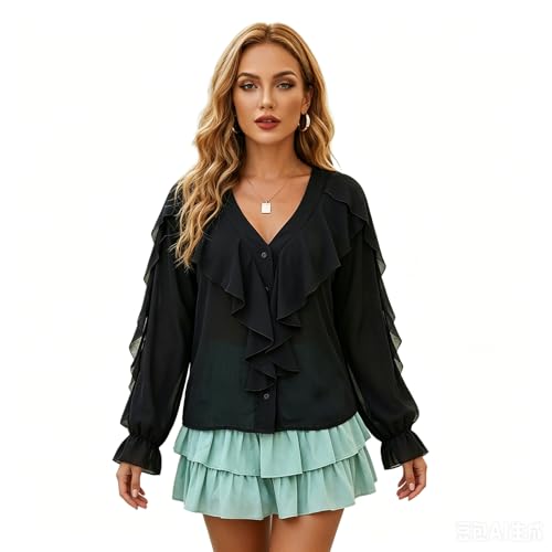 Image of Women Long Sleeve Blouse Button Closure Ruffle Shirt Solid Colour Floral Butterfly Print Elegant V Neck Sexy Casual Office Chiffon Shirt Blouse (Black, M)