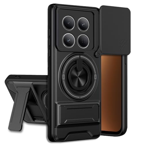 Image of Redmi Note 15 Pro 5G Back Cover | Armor Camera Slider 360 Degree Rotating Finger Ring Holder Case with Bracket Stand Back Case Cover (Compatible with MagSafe Accessories) (Black)