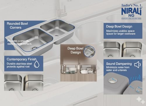 Image of Nirali Kitchen Sink Double Bowl 41 inch x 20 inch 304 Grade Stainless Steel | Sound Proof Double Bowl Kitchen Sink with Waste Coupling Graceful Glory (Matt Finish, 41 inch x 20 inch)