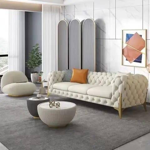 Image of Modern Classic L Shape Sectional Sofa Set, Chesterfield Style 4 Seater Sofa Set with Pillows for Living Room, Bedroom and Office and Hallway Colour (3+1+OTTO Beige FC)