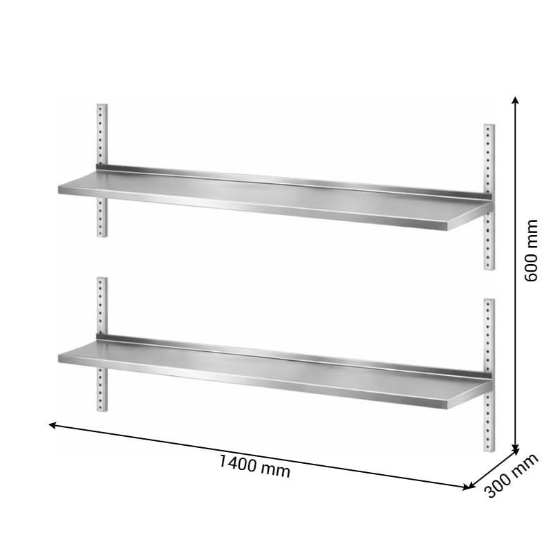 Estantería de pared de acero inoxidable profesional de doble nivel, 1400 x 300 x 600 mm