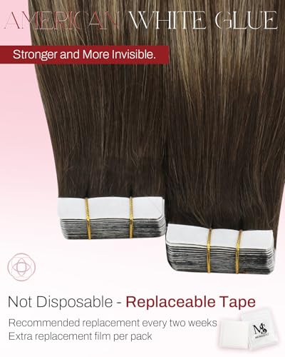 Image of Moresoo Tape in Hair Extensions Human Hair Caramel Balayage 18in 20Pcs 50g | Seamless tape in hair extensions human hair, skin weft tabs, caramel highlights, added length, half up event styling