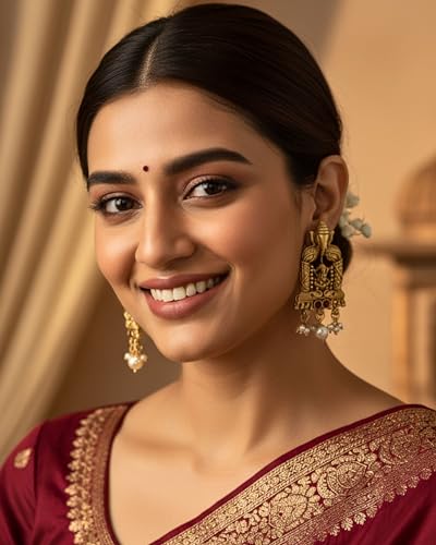 Image of Mansiyaorange Matte Gold South Indian Maa Lakshmi & Ganesha Motif Kundan Pearl Stone Stud Earrings
