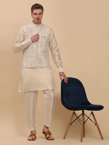 Mens Indian Traditional Silk Kurta Set With Jacket For Men Floral Design (C-112)3